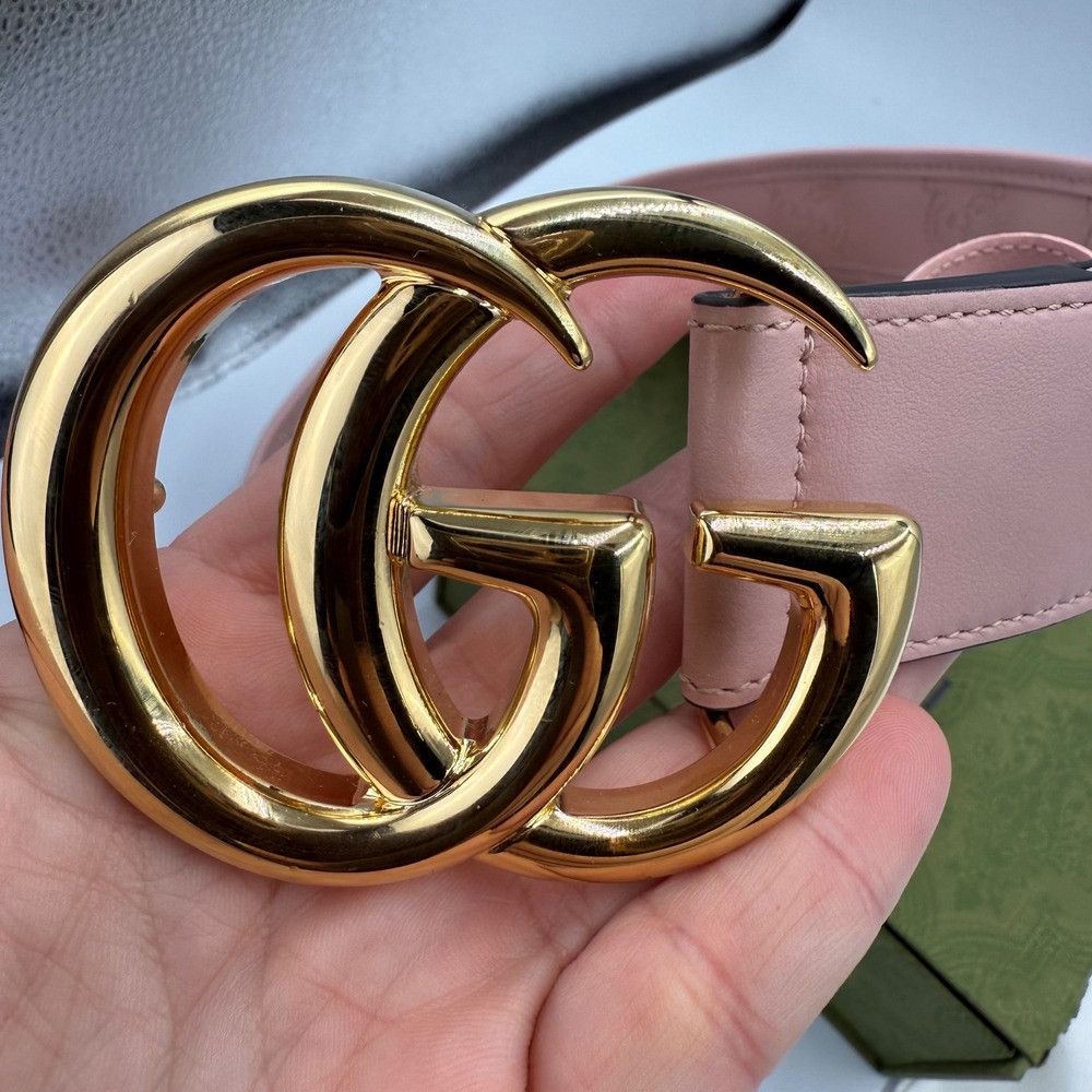 Gucci Pink GG Marmont Leather Belt 85/34 Gold Double G Buckle Embossed Logo - Picture 7 of 14